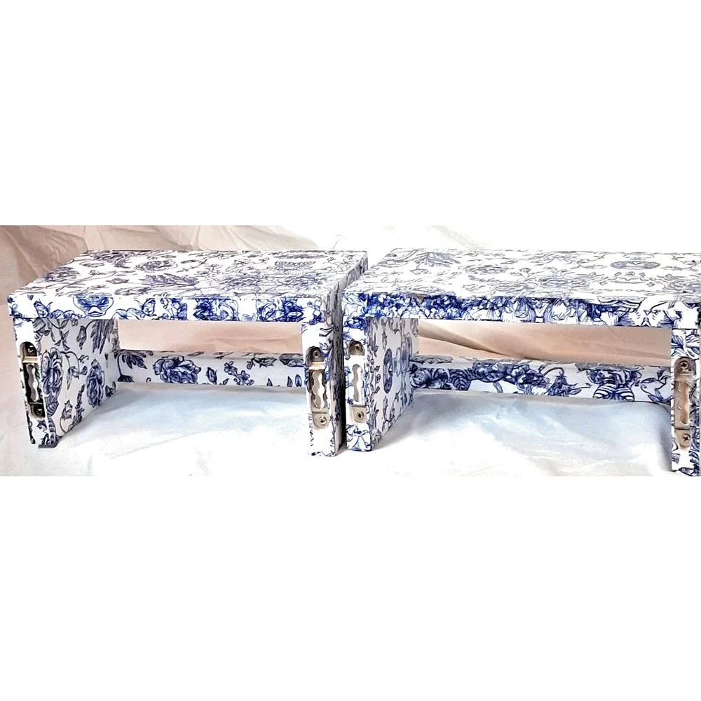 Lot of 2 Decoupaged Blue & White Wood Shelves Wall Mount 8” Chinoiserie